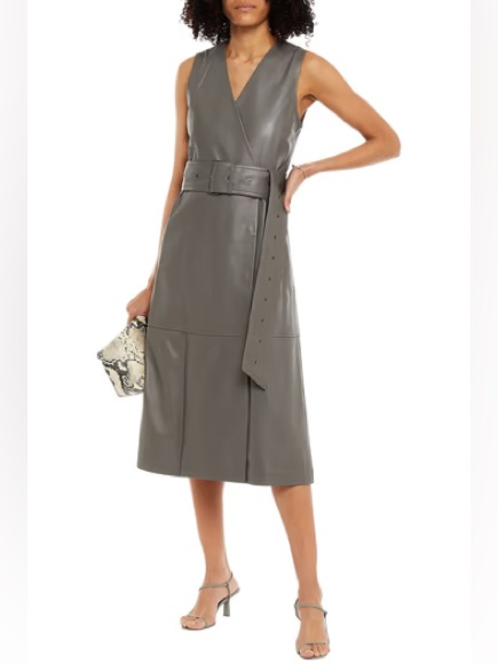 Joseph Sleeveless V-Neck  Leather Midi Dibo  Dress in Gray buttery leather